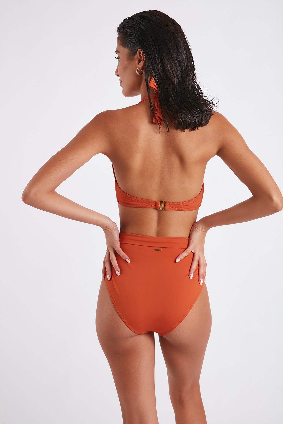 Maillot de Bain Femme Sport 2 Pieces Taille Haute a Raye Orange