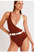 Maillot de bain 1 pièce bi-couleur marron et blanc MARIETA AUKANA